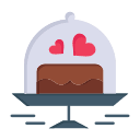 An illustration of a chocolate cake on a pedestal stand, covered with a glass dome. Two pink hearts hover above the cake, adding a stylized and decorative touch. The midnight-blue stand complements the light purple tint of the glass cover, while delicate macarons accentuate this charming scene.