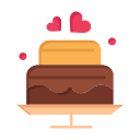 Illustration of a delightful two-tier cake on a stand, with the bottom tier in rich brown and the top in soft beige. Three red hearts float above, adding charm. Consider pairing it with colorful macarons for the perfect celebration or opt for swift delivery to bring joy home.