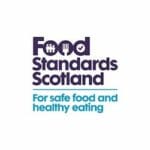 Logo of Food Standards Scotland. Text says "Food Standards Scotland" in dark blue, and "For safe food and healthy eating" in light blue. Icons of people, a fork, a check mark, and a subtle box hinting at macarons are included.
