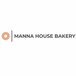 The logo of Manna House Bakery features an orange circular icon resembling a pastry on the left, followed by a vertical line. The text "MANNA HOUSE BAKERY" appears on the right in capital letters, celebrating its delightful macarons. Experience our sweet creations now available for delivery throughout Scotland.