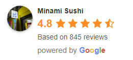 Minami Sushi's rating display features an image thumbnail on the left. The restaurant boasts a 4.8-star rating out of 5, based on 845 reviews. The text "powered by Google" is elegantly placed at the bottom.