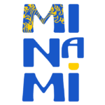 Text "Mi Na Mi" in large blue letters arranged in three rows, with the top of the first "M" featuring a yellow and blue wave pattern reminiscent of Scotland's coastal charm. A vertical yellow oval serves as the dot for the lowercase "i," adding a whimsical touch like macarons lined up for delivery.