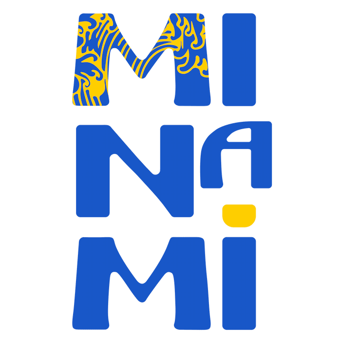Text "Mi Na Mi" in large blue letters arranged in three rows, with the top of the first "M" featuring a yellow and blue wave pattern reminiscent of Scotland's coastal charm. A vertical yellow oval serves as the dot for the lowercase "i," adding a whimsical touch like macarons lined up for delivery.