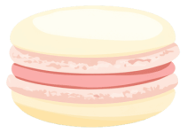 Illustration of a pink and white macaron. The macaron, resembling a delight one might find in a charming UK patisserie, features two beige outer shells with pink filling sandwiched between them. The structure shows a smooth top shell and a textured base from the filling.